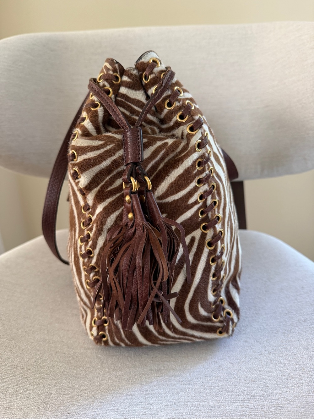 Prada Zebra Pony Hair Calf Hair Leather Tote Shoulder Bag Brown Gold Tassel - Picture 3 of 14